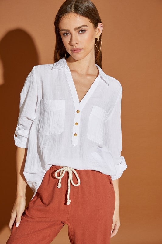 V-neck button-down henley shirt